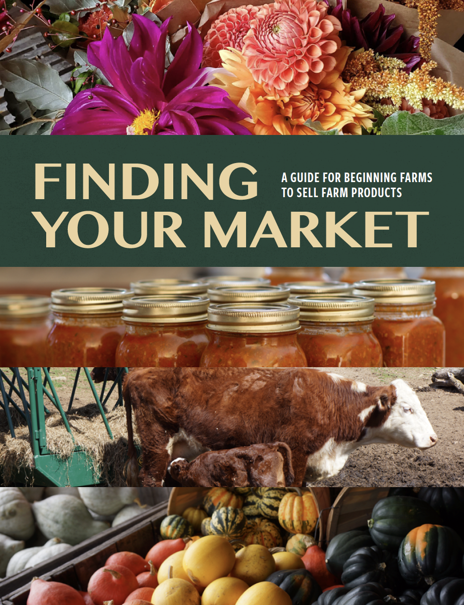 Finding Your Market flyer cover with photos of flowers, canned sauce, cows and vegetables.