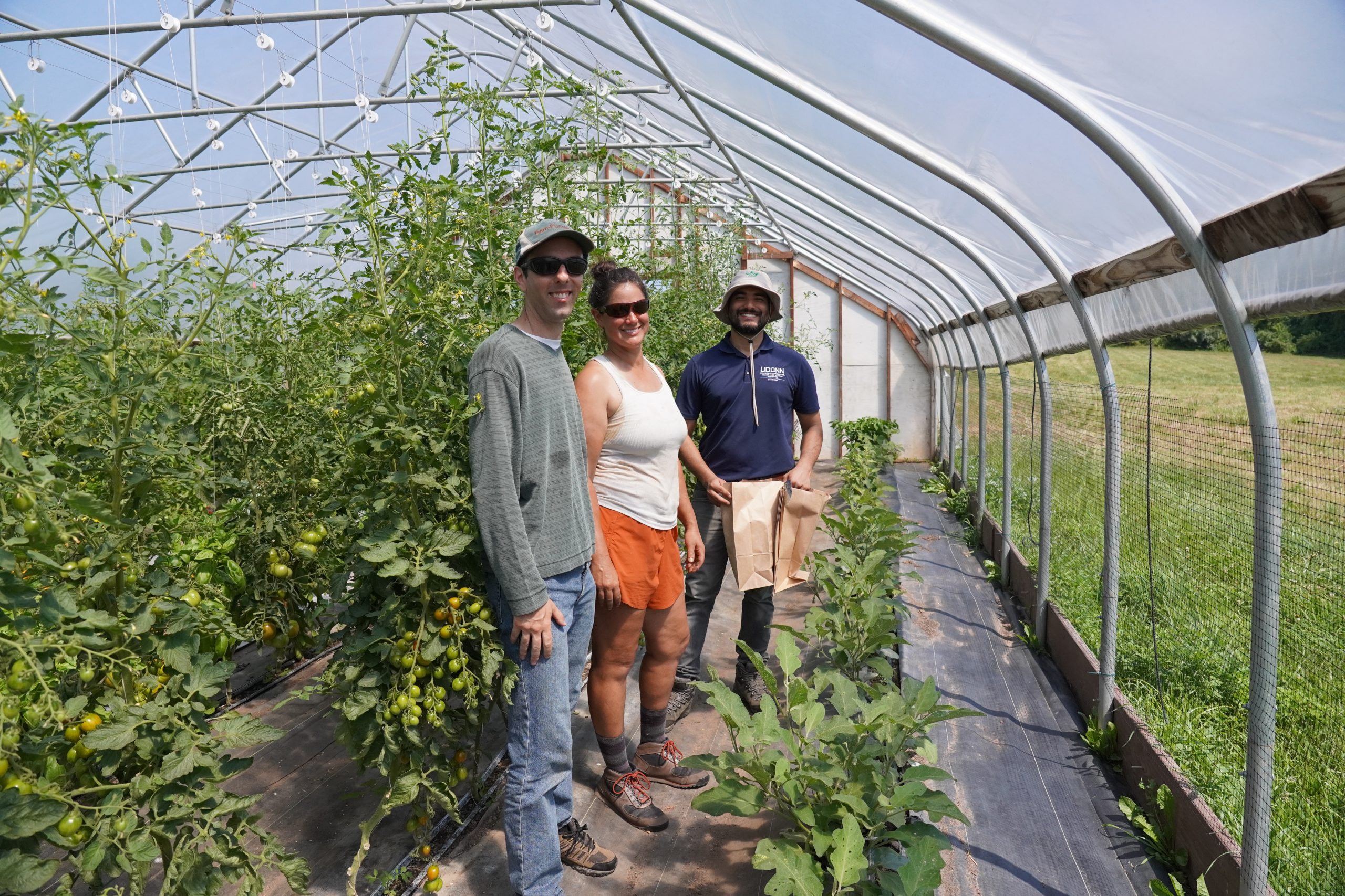 two men and a woman standing in between rows of plants
