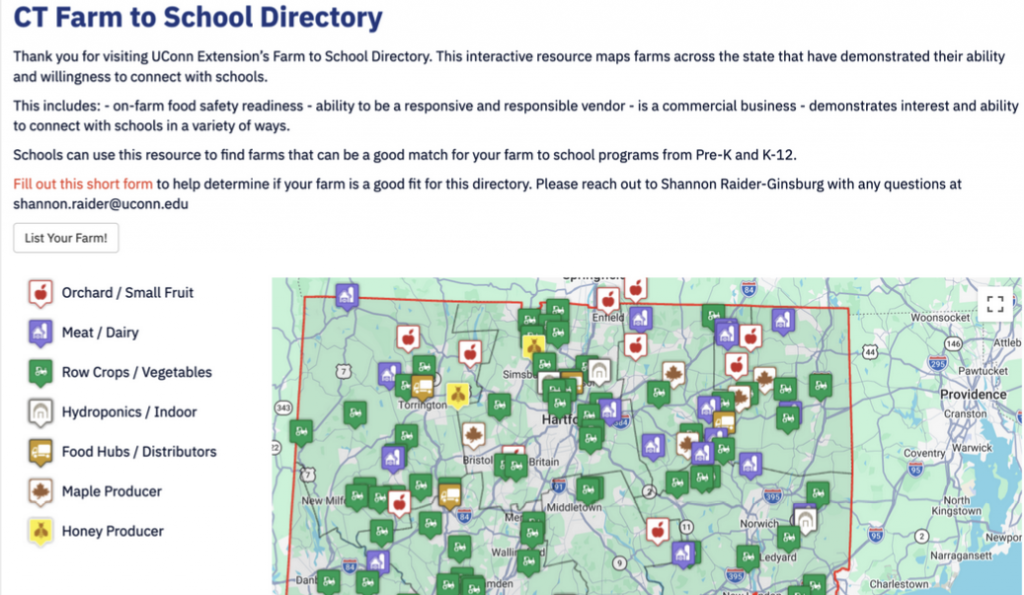 Screenshot of CT Farm to School Directory with map of the state.