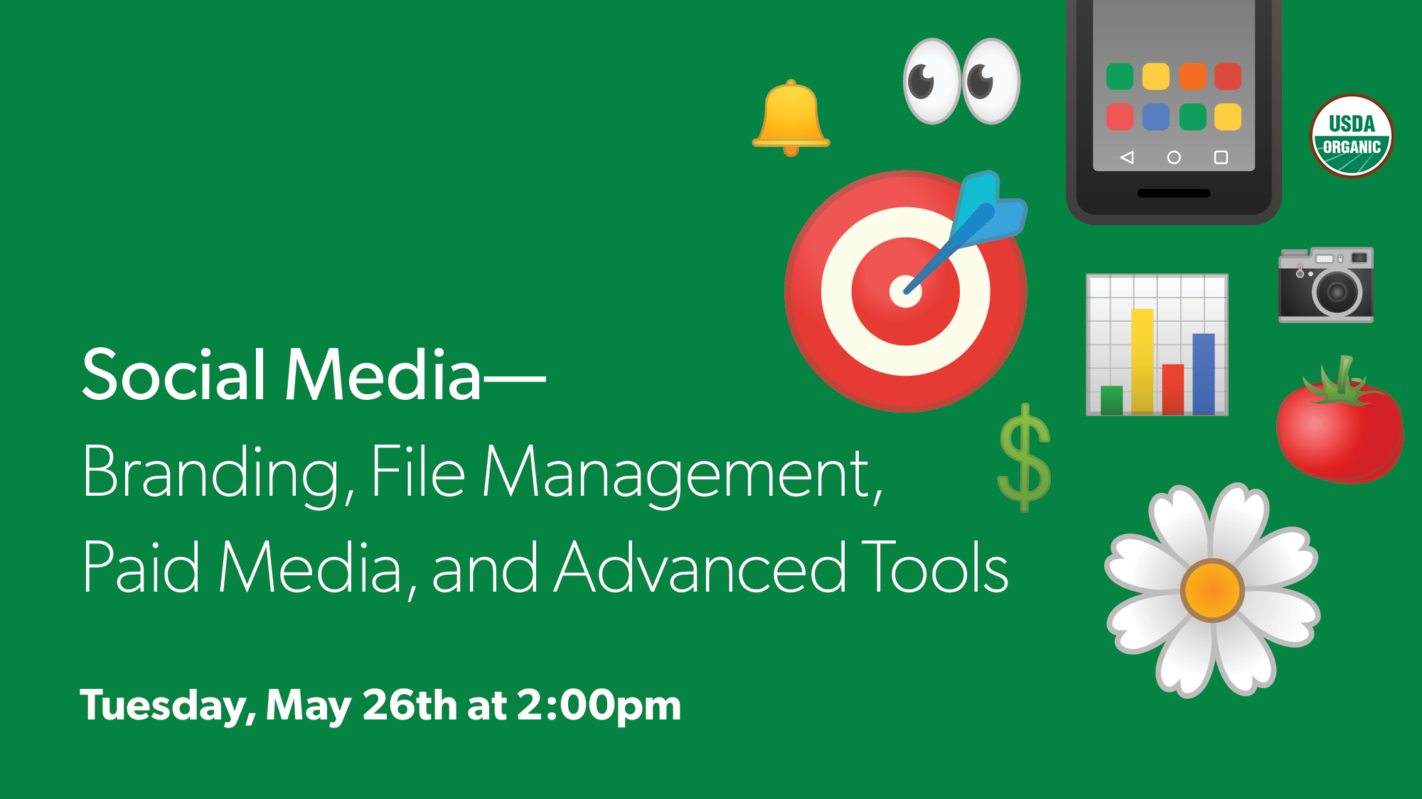 green graphic with the words Social Media, branding, file management, paid media, and advanced tools.